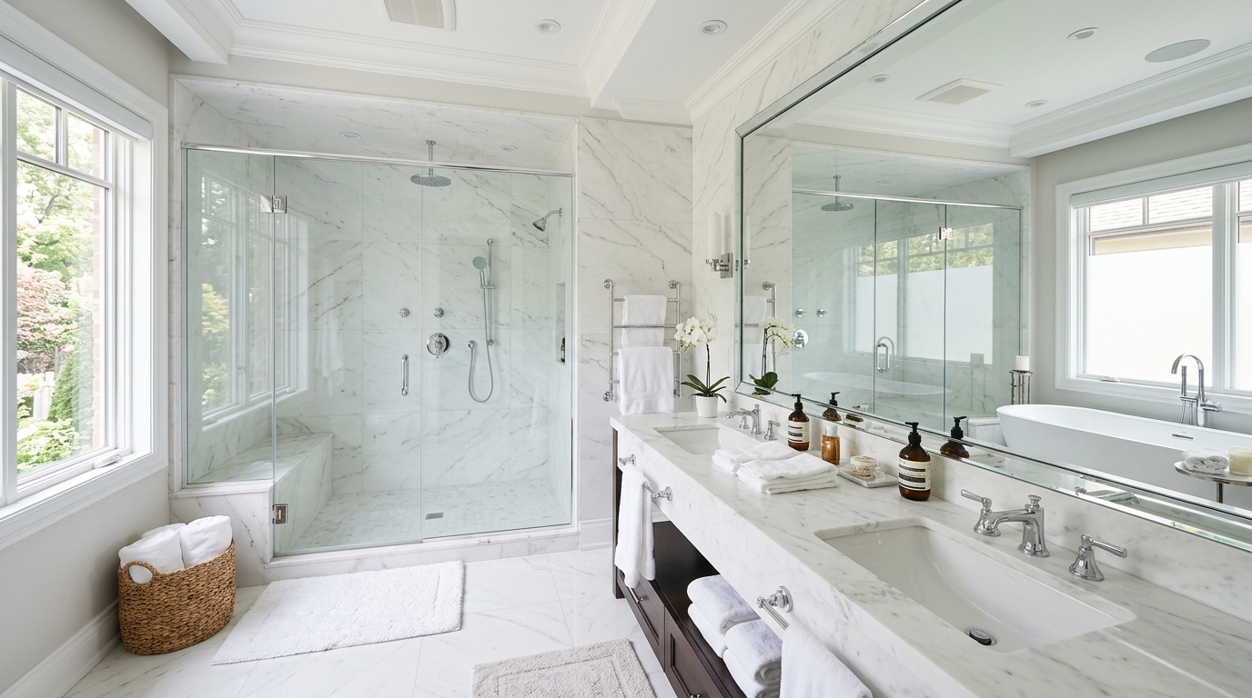 Marble bathroom with a glass shower, double vanity, and folded towels.