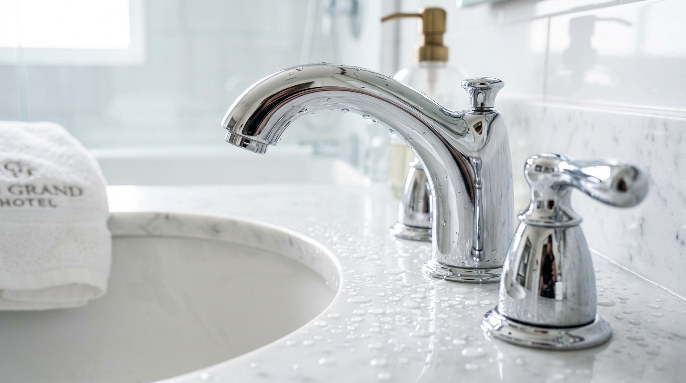 Chrome widespread faucet on a white marble counter, with water droplets on the metal.