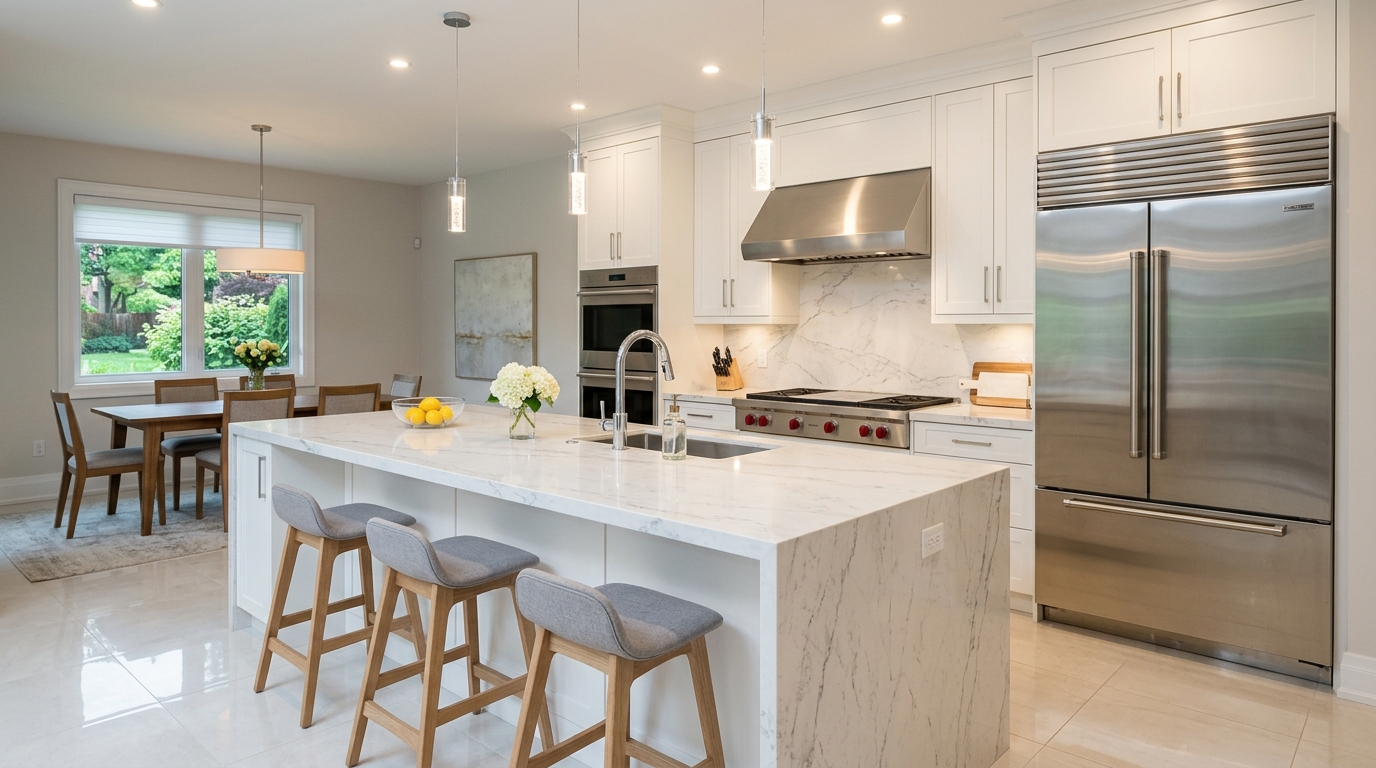 White kitchen with a marble island, stainless refrigerator, and pale tile floor.