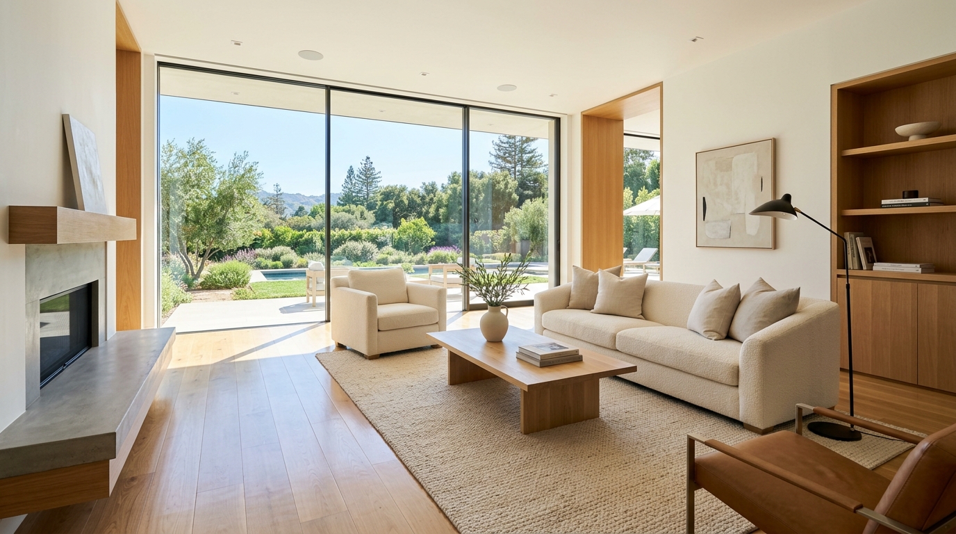 Sunlit living room with pale wood floors, linen seating, and glass doors to a garden.